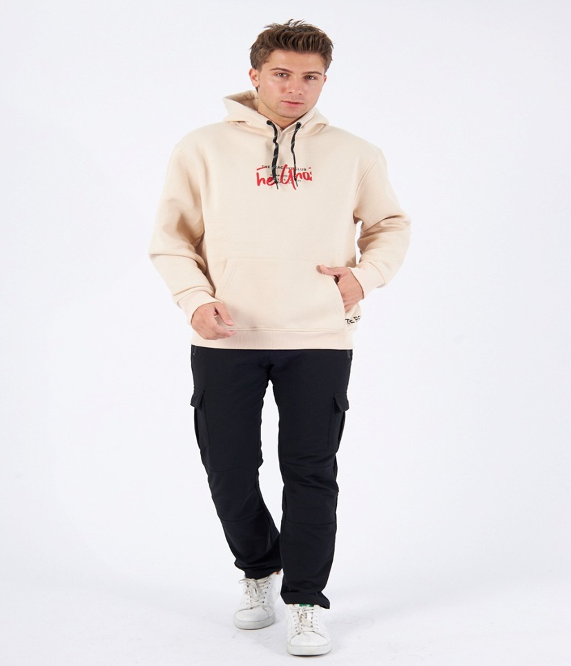 Reactive Print Cangoro Pockets  Beige  Hoodie