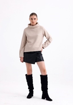 Beige Roll On Neck Long Sleeve Oversize Top
