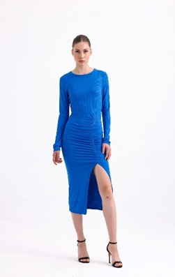 Blue Round Neck Dress With Split