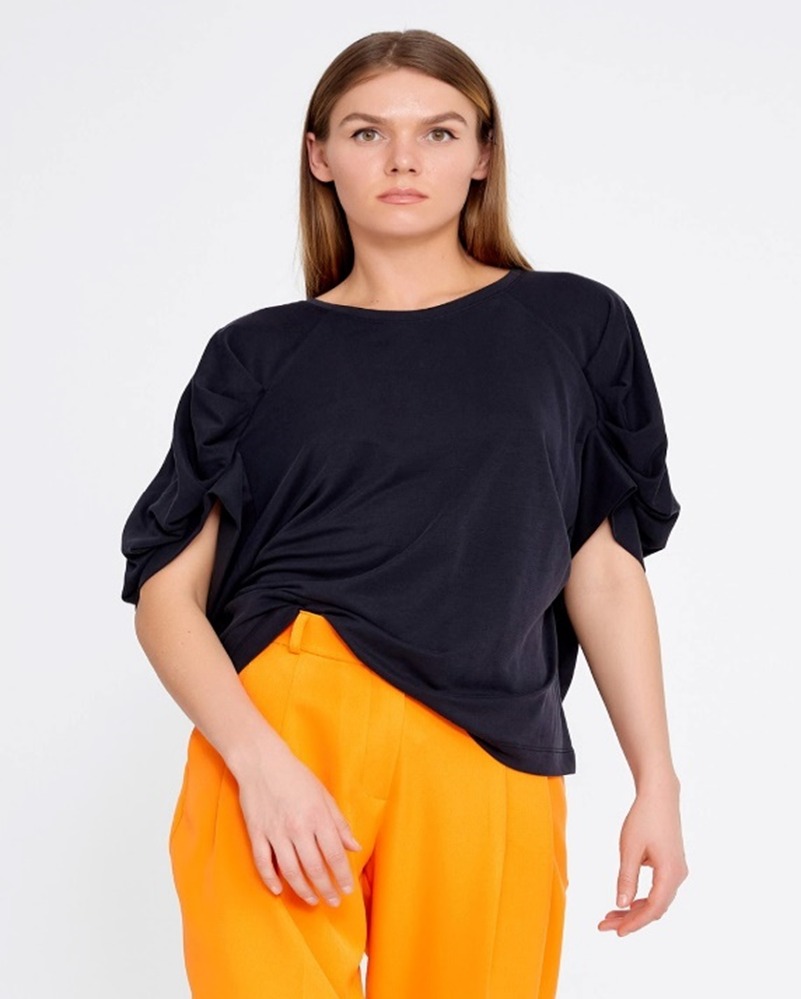 Black Short Puff Sleeve Rounded Neck Jersey Top