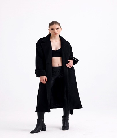 Long Black  Wool  Mixture  Overcoat