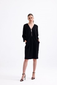 Black Vneck Midi Dress with Front Zip