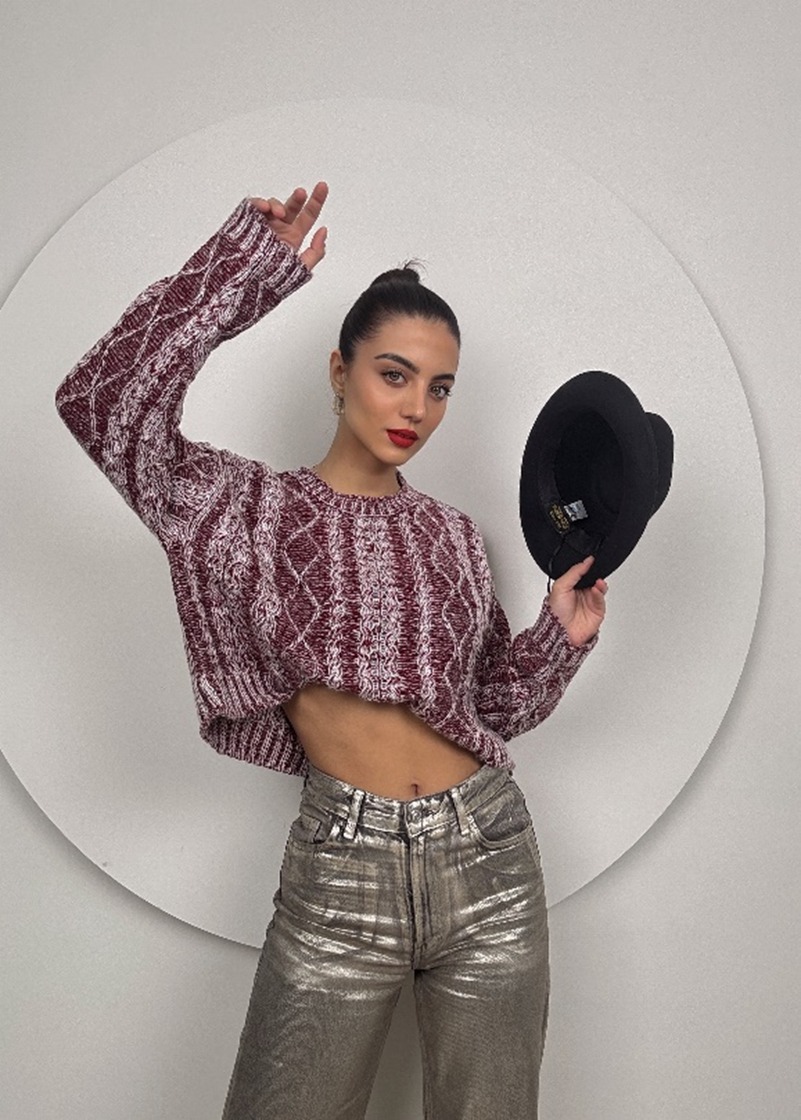 Burgundy Tress Crop Round Neck Top